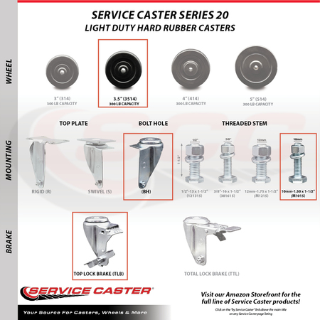 Service Caster 3.5 Inch Hard Rubber Wheel Swivel 10mm Threaded Stem Caster Brakes SCC, 2PK SCC-TS20S3514-HRS-M1015-2-TLB-2